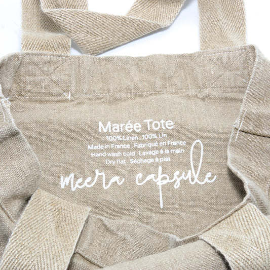 Marée Tote Sandbar detail — natural French linen weave with reinforced shoulder straps